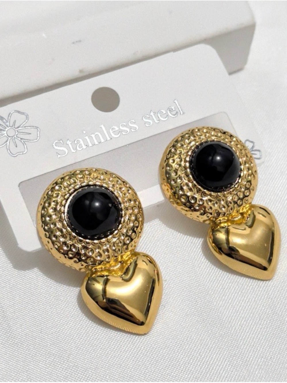 Gold Heart Drop Earrings with Black Center - Stainless Steel